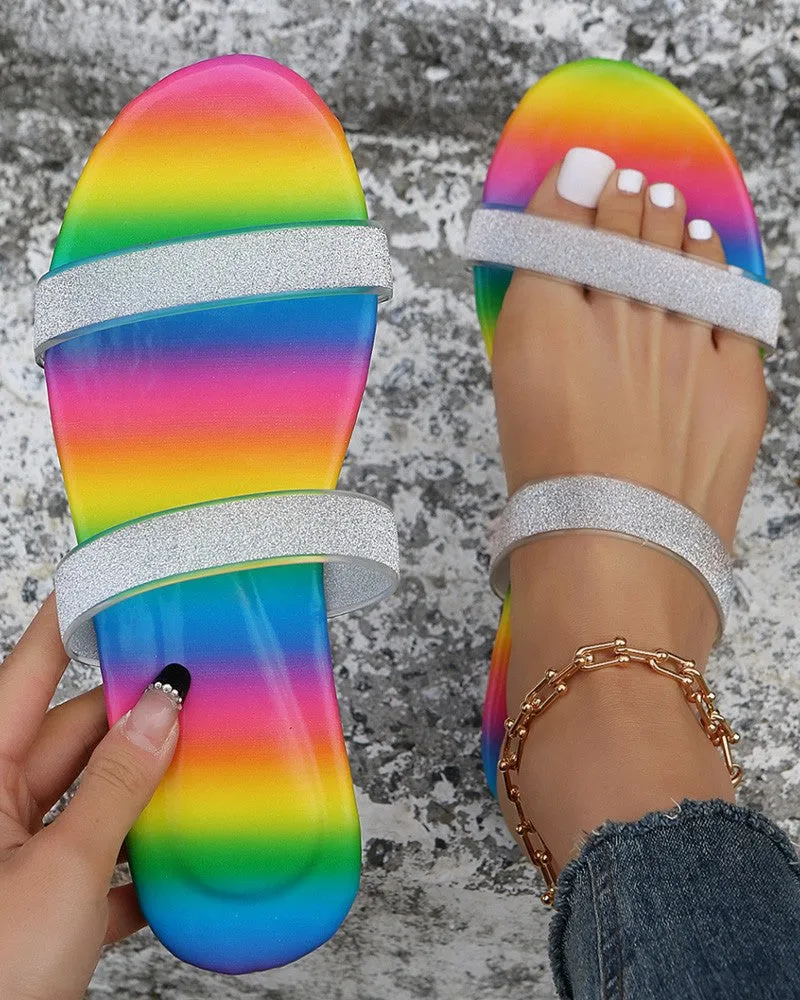 Ombre Rhinestone Double Strap Slippers