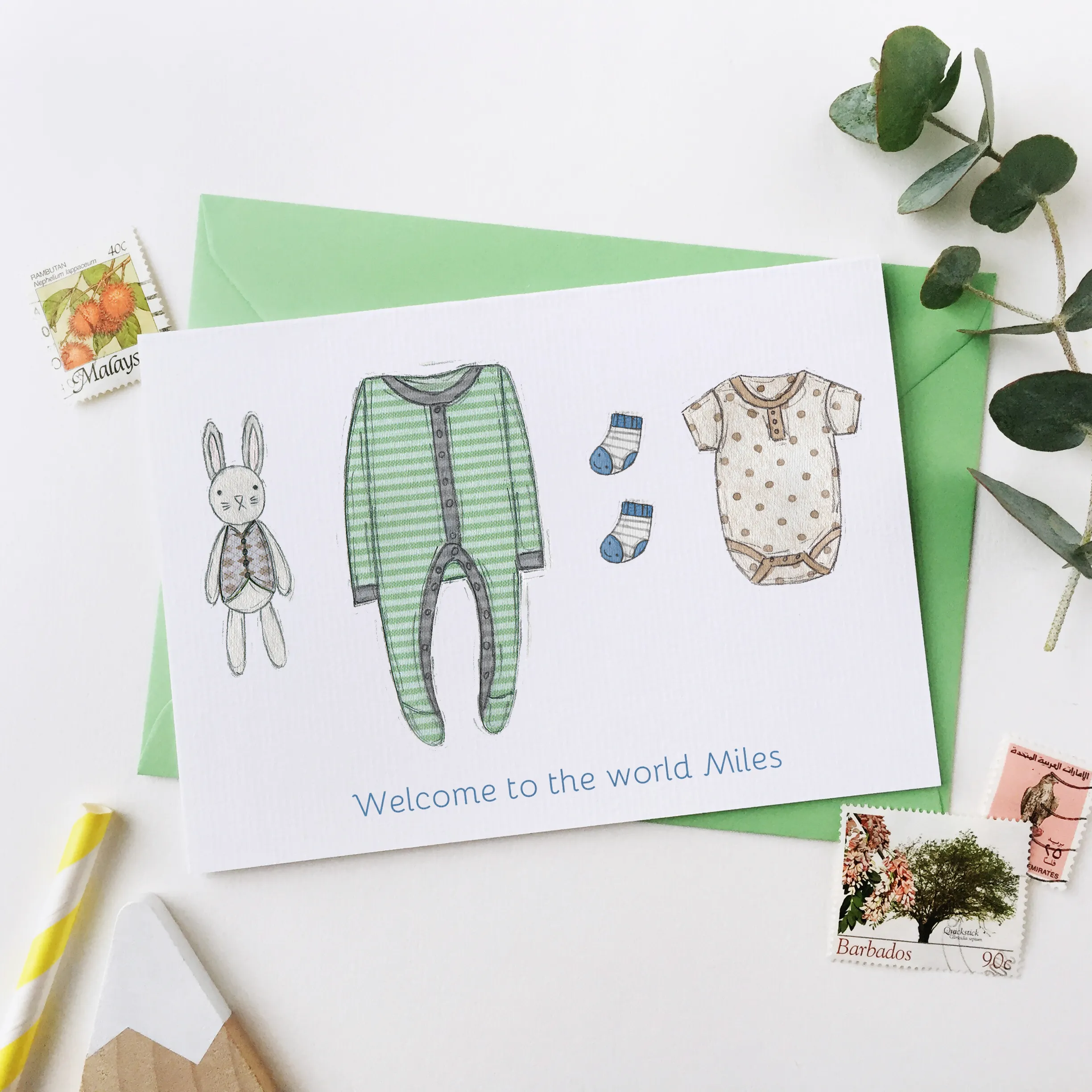 Personalised New Baby Clothes Card / Greens And Blues