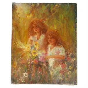 "Sisters...Picking Flowers" By Anthony Sidoni 1997 Signed Oil on Canvas 10"x8"