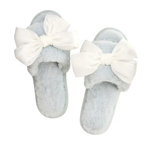 R0730 - White Bow Plush Slippers