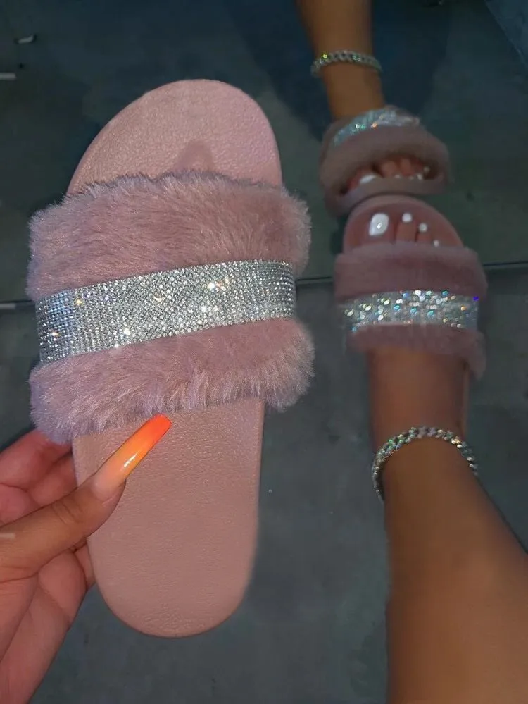 Rhinestones Crystal Home Fluffy Slipper
