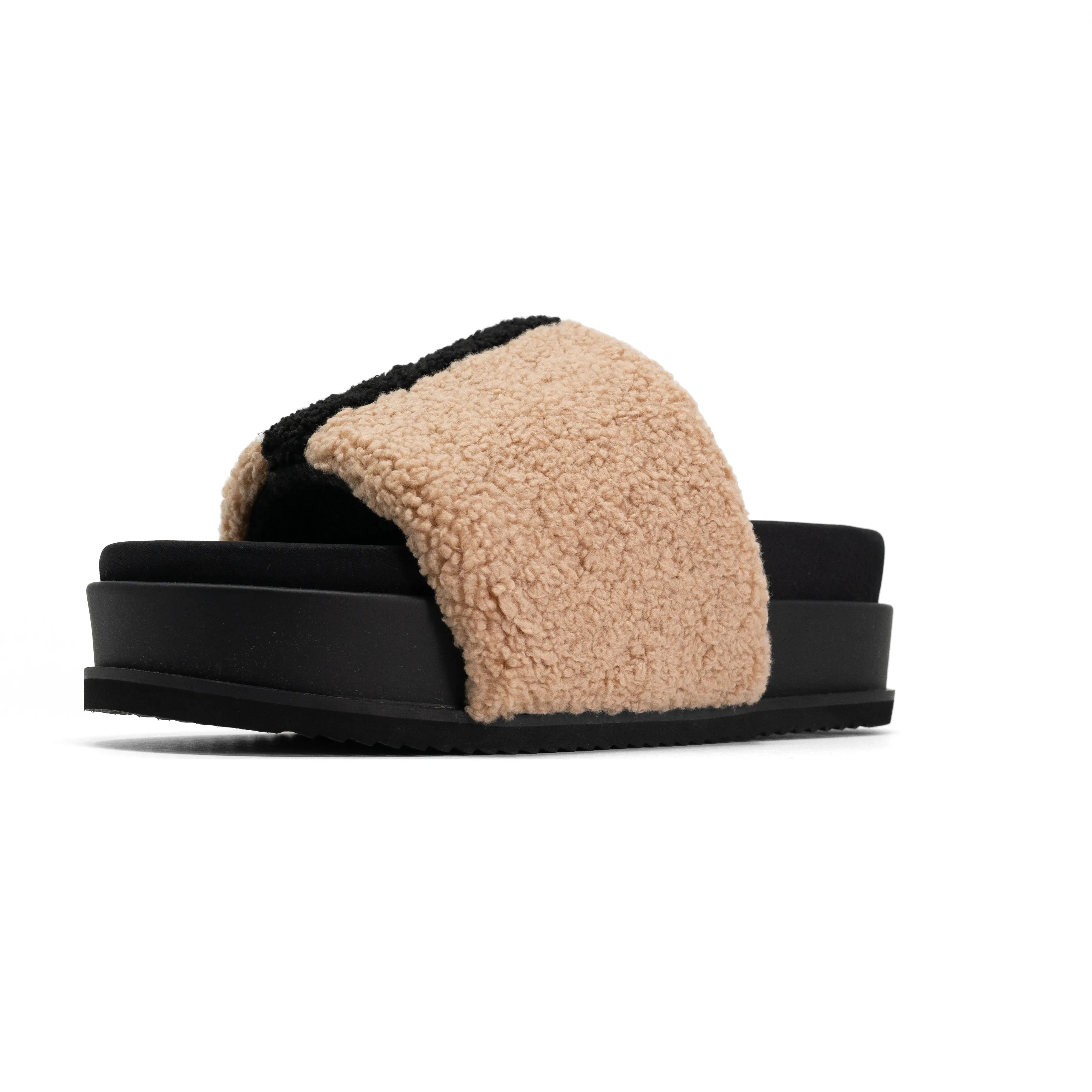 ROAM FUZZY STRIPE STACK PLATFORM BEIGE & BLACK FAUX SHEARLING