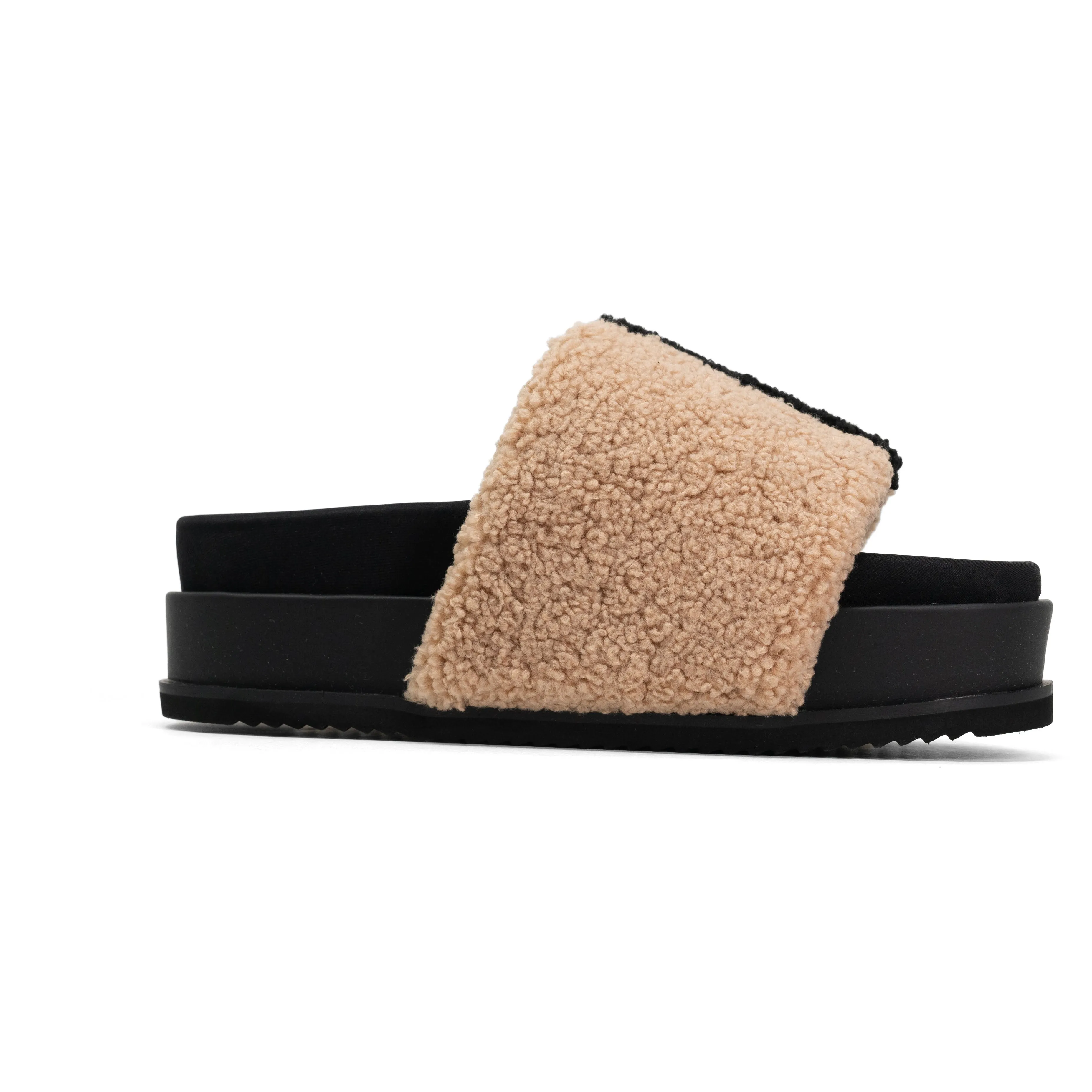 ROAM FUZZY STRIPE STACK PLATFORM BEIGE & BLACK FAUX SHEARLING