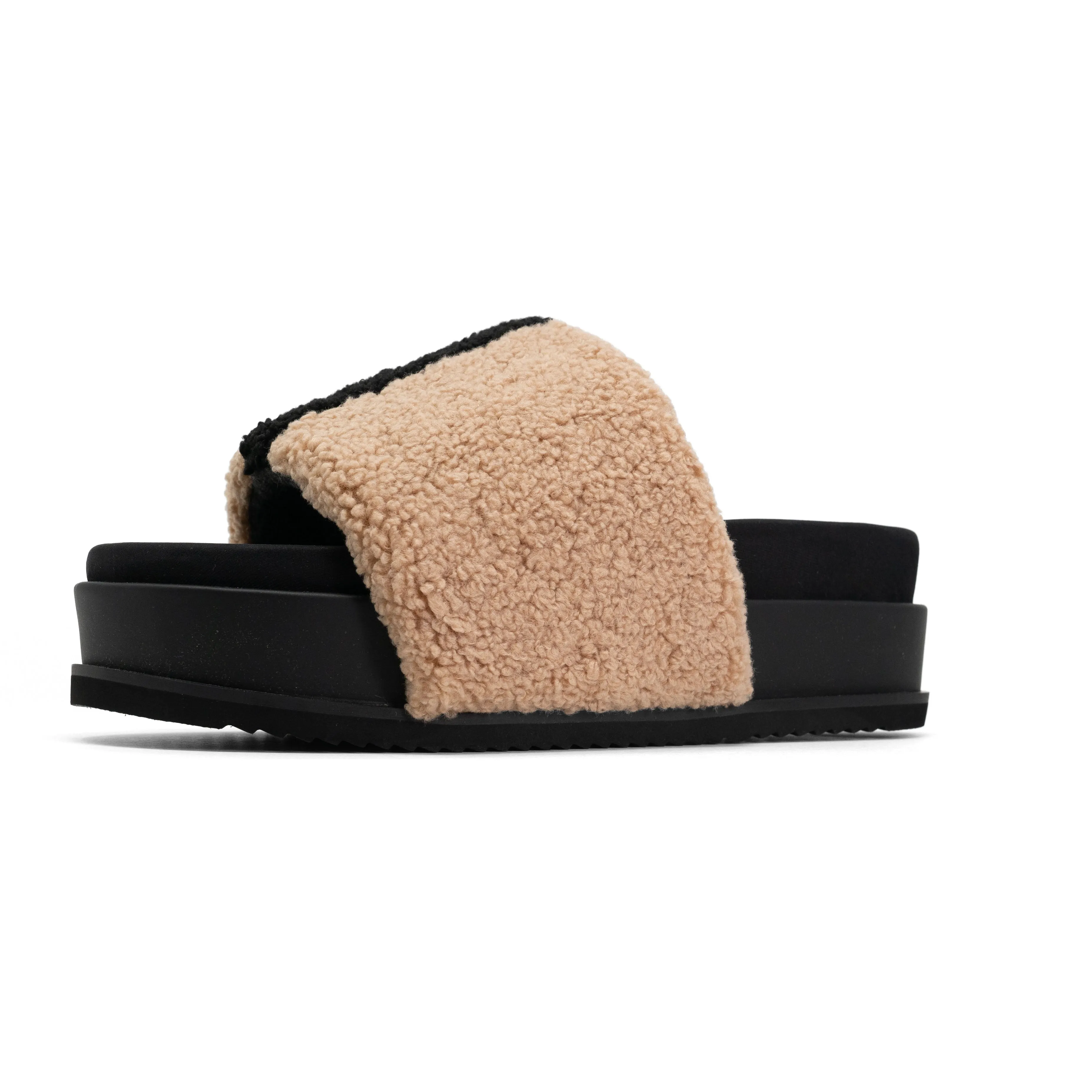 ROAM FUZZY STRIPE STACK PLATFORM BEIGE & BLACK FAUX SHEARLING