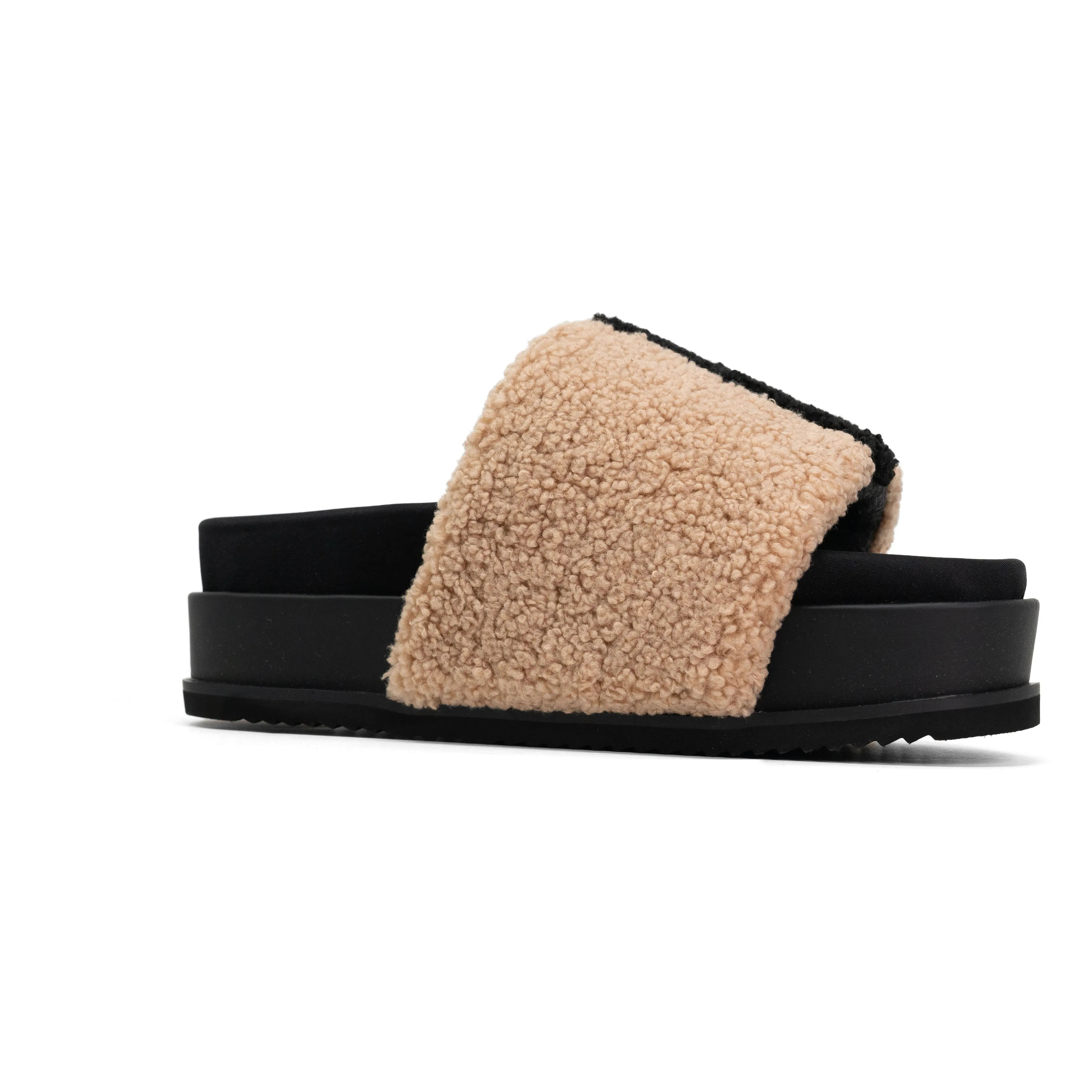 ROAM FUZZY STRIPE STACK PLATFORM BEIGE & BLACK FAUX SHEARLING