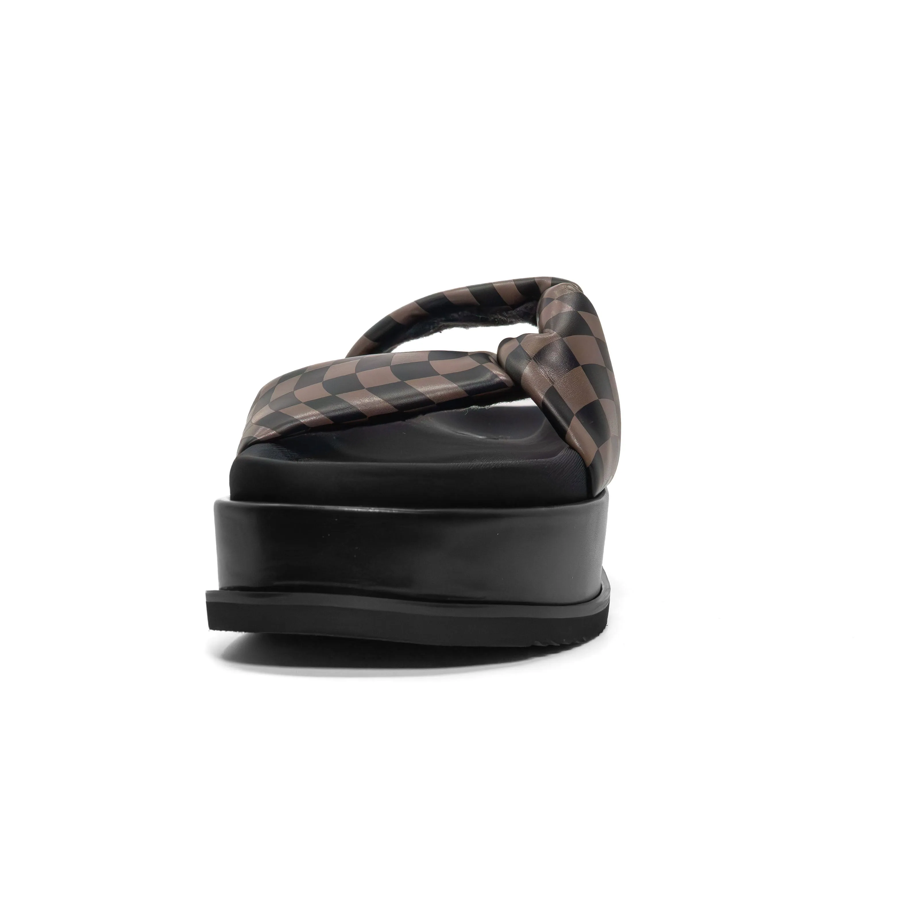 ROAM WAVY CHECK SIDE SLIP STACK PLATFORM BLACK & TAUPE VEGAN LEATHER