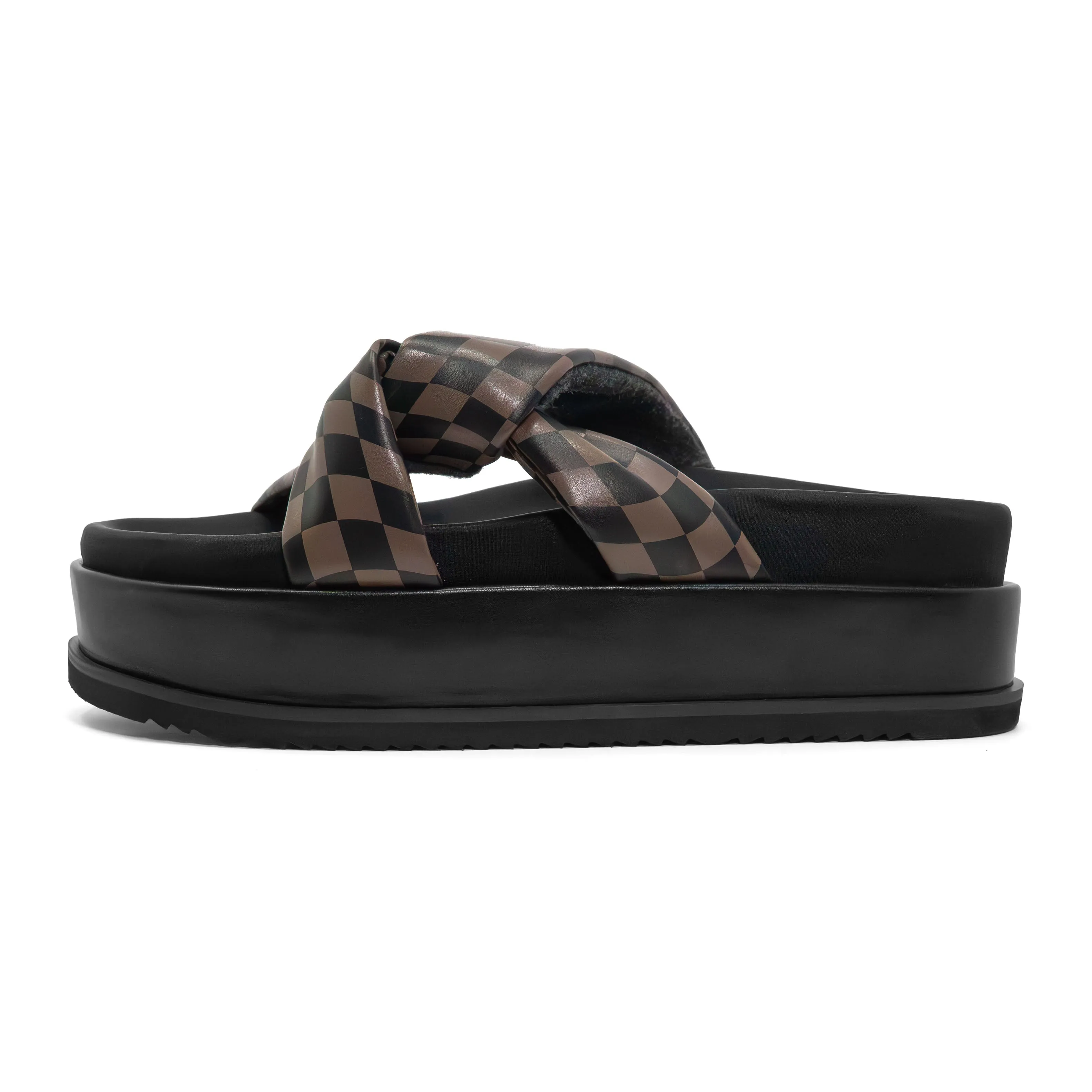 ROAM WAVY CHECK SIDE SLIP STACK PLATFORM BLACK & TAUPE VEGAN LEATHER