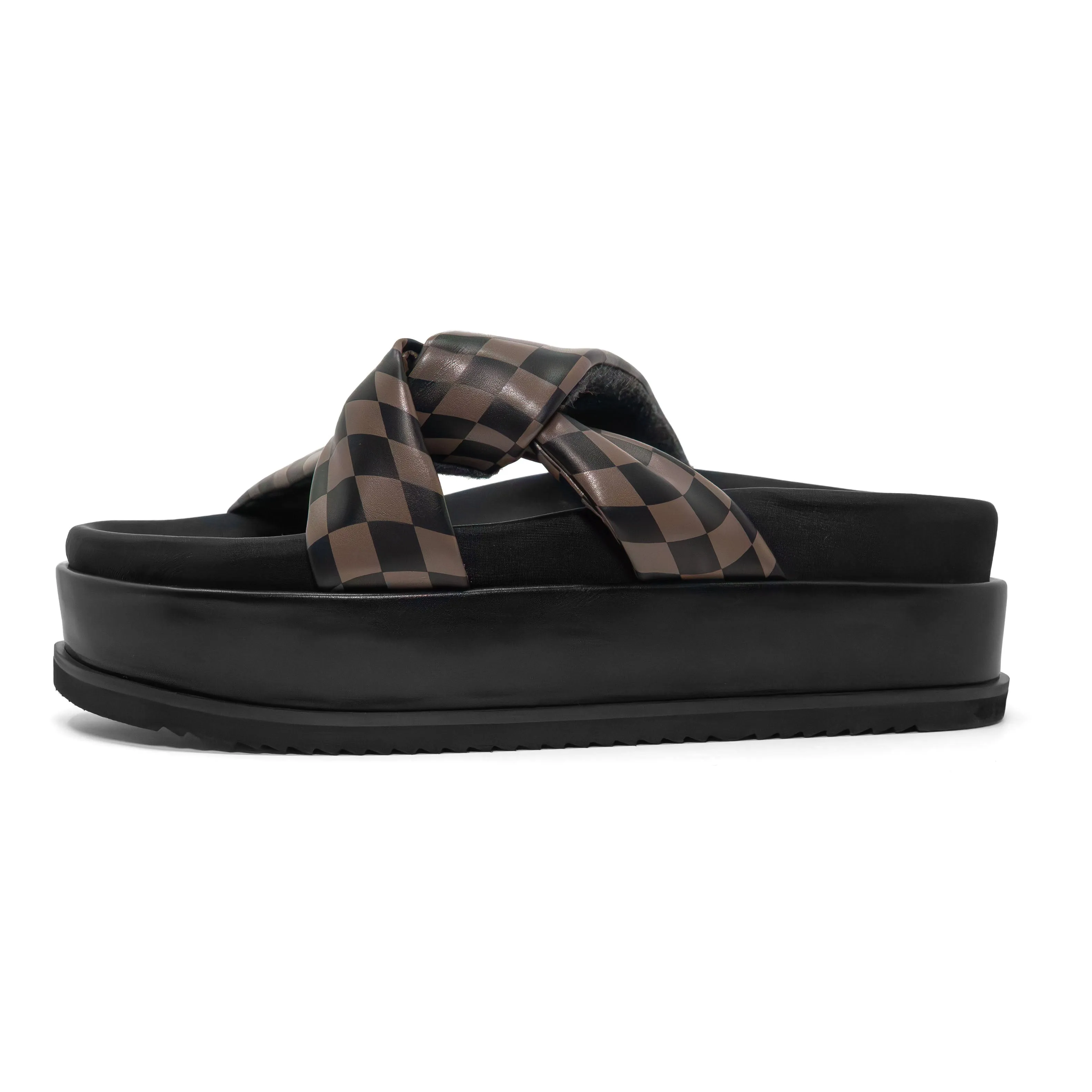 ROAM WAVY CHECK SIDE SLIP STACK PLATFORM BLACK & TAUPE VEGAN LEATHER