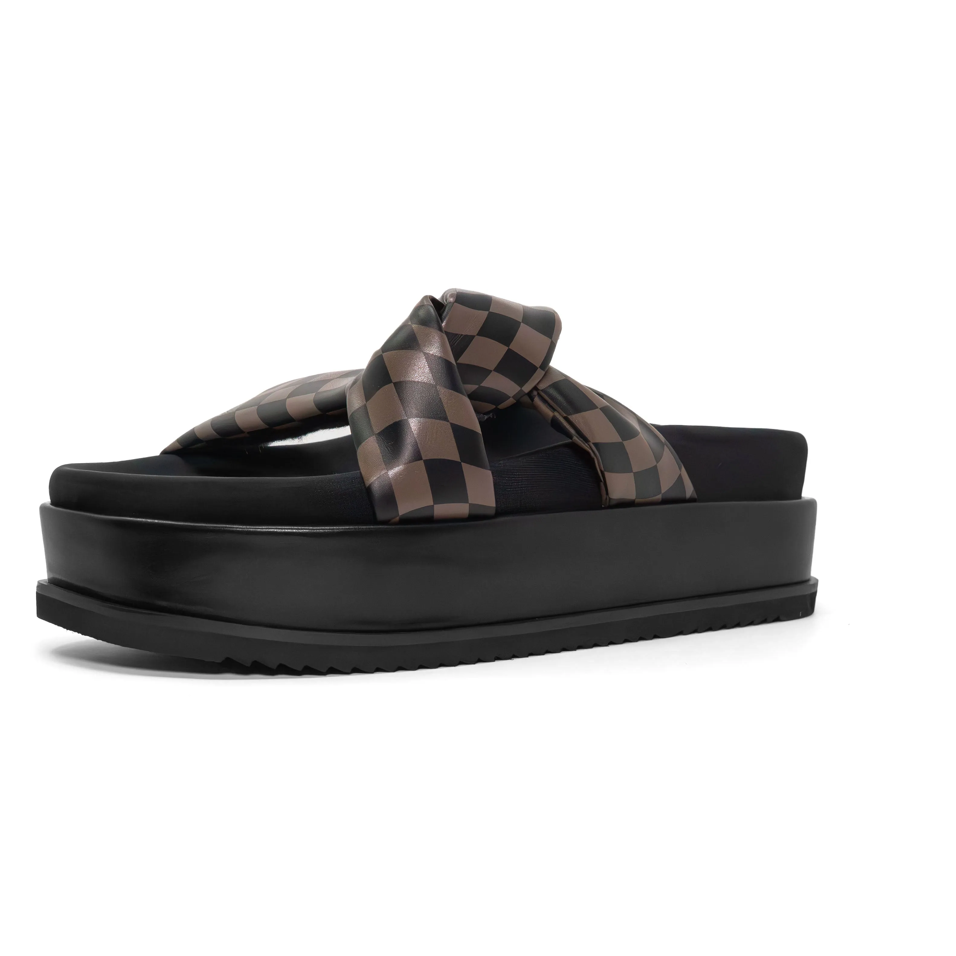 ROAM WAVY CHECK SIDE SLIP STACK PLATFORM BLACK & TAUPE VEGAN LEATHER