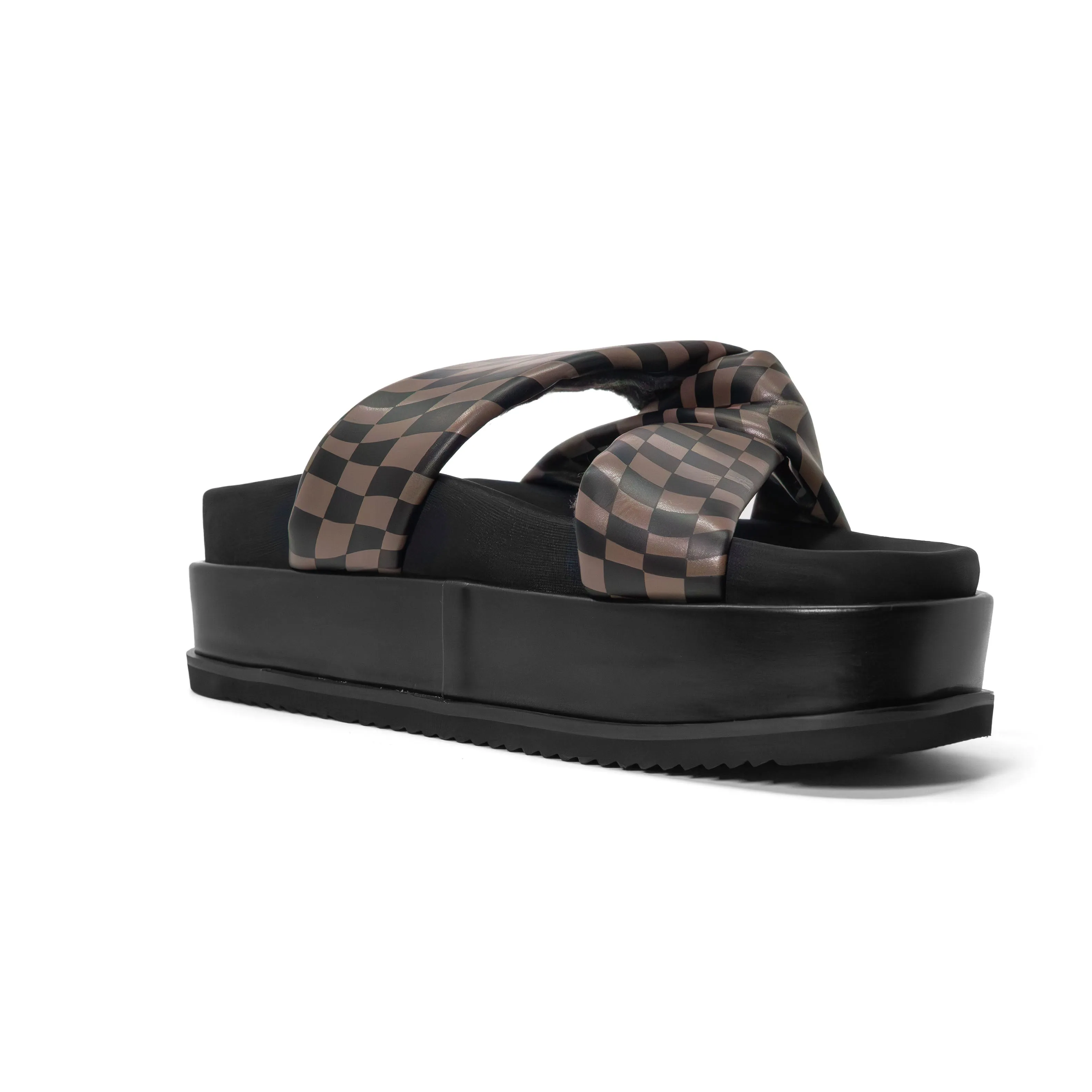 ROAM WAVY CHECK SIDE SLIP STACK PLATFORM BLACK & TAUPE VEGAN LEATHER