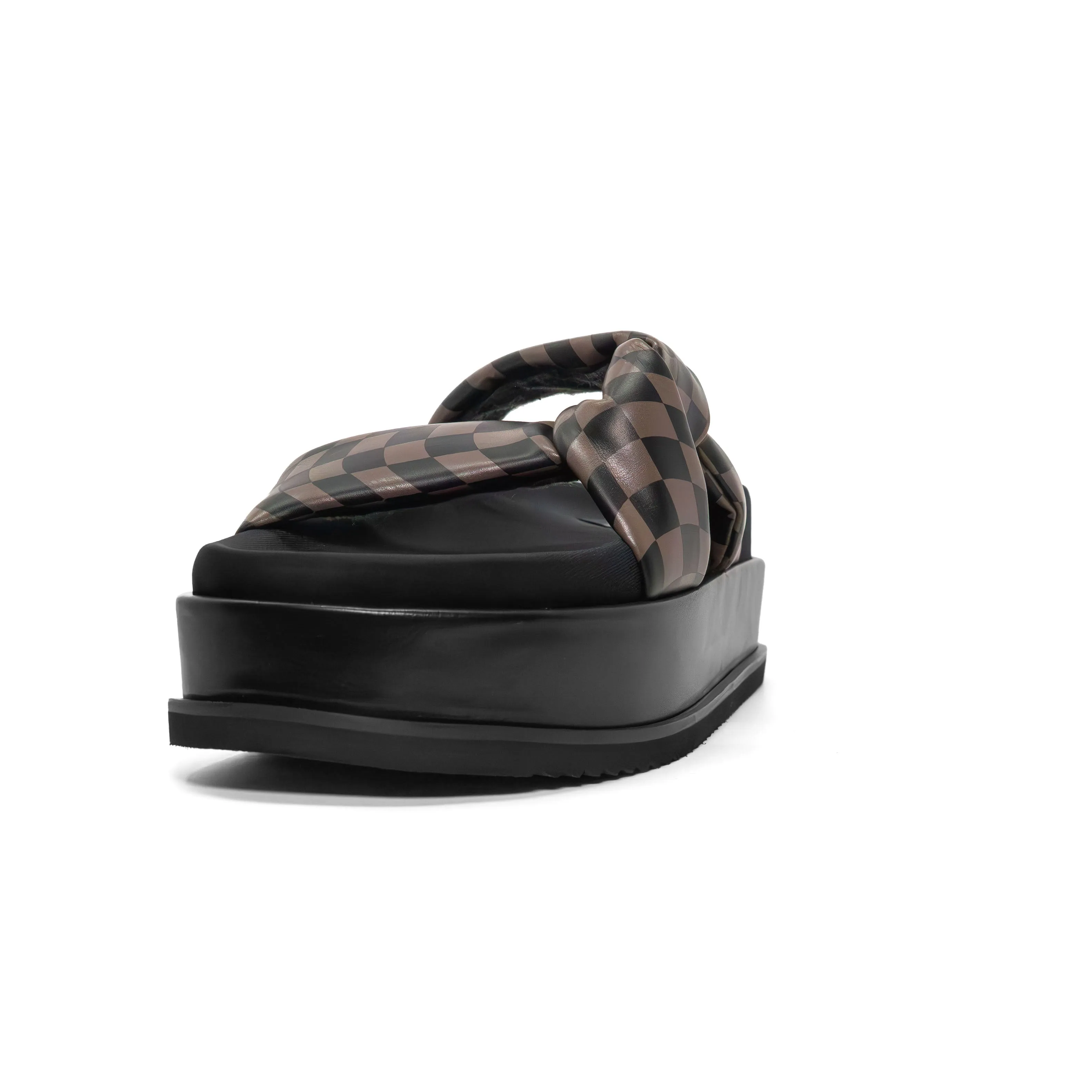 ROAM WAVY CHECK SIDE SLIP STACK PLATFORM BLACK & TAUPE VEGAN LEATHER