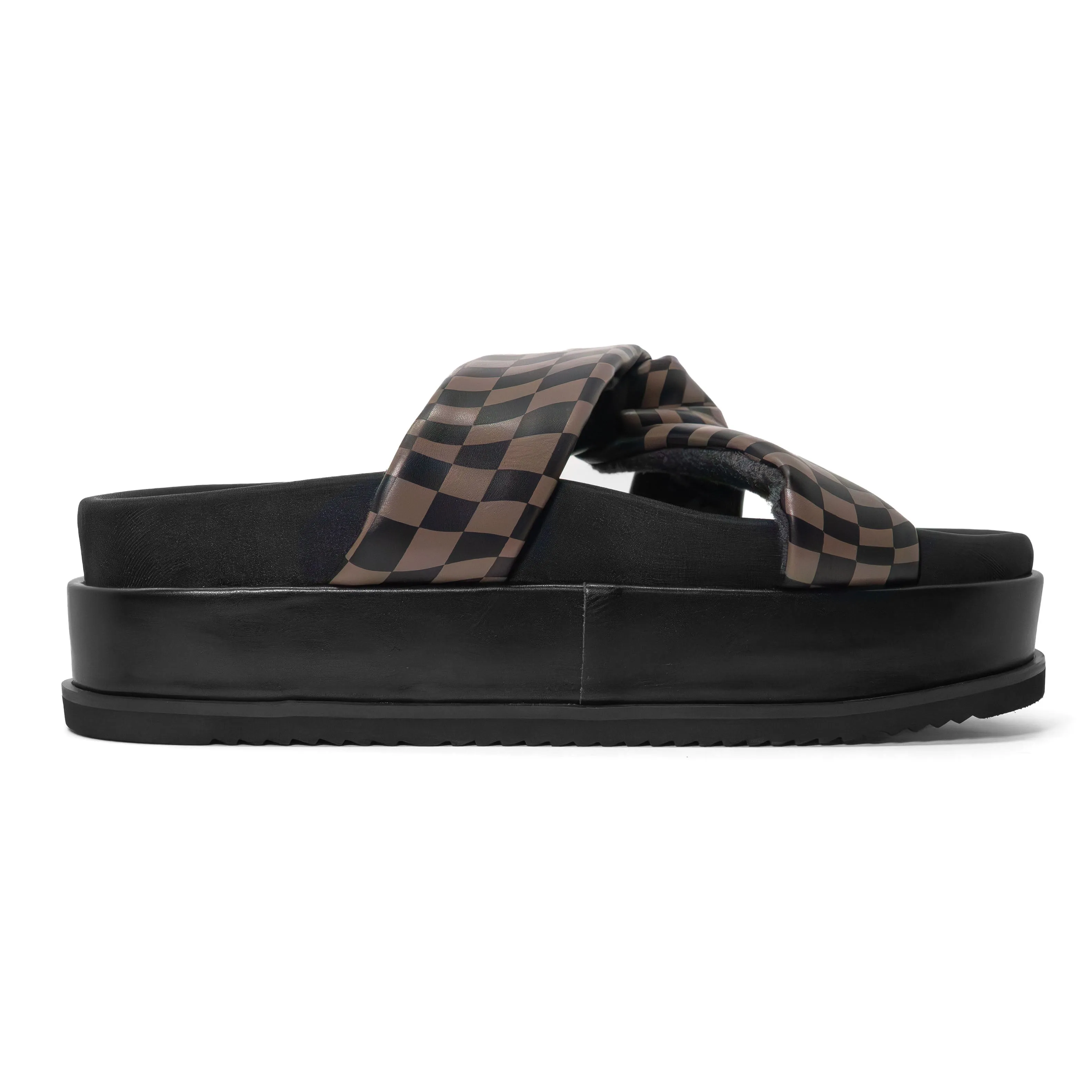 ROAM WAVY CHECK SIDE SLIP STACK PLATFORM BLACK & TAUPE VEGAN LEATHER