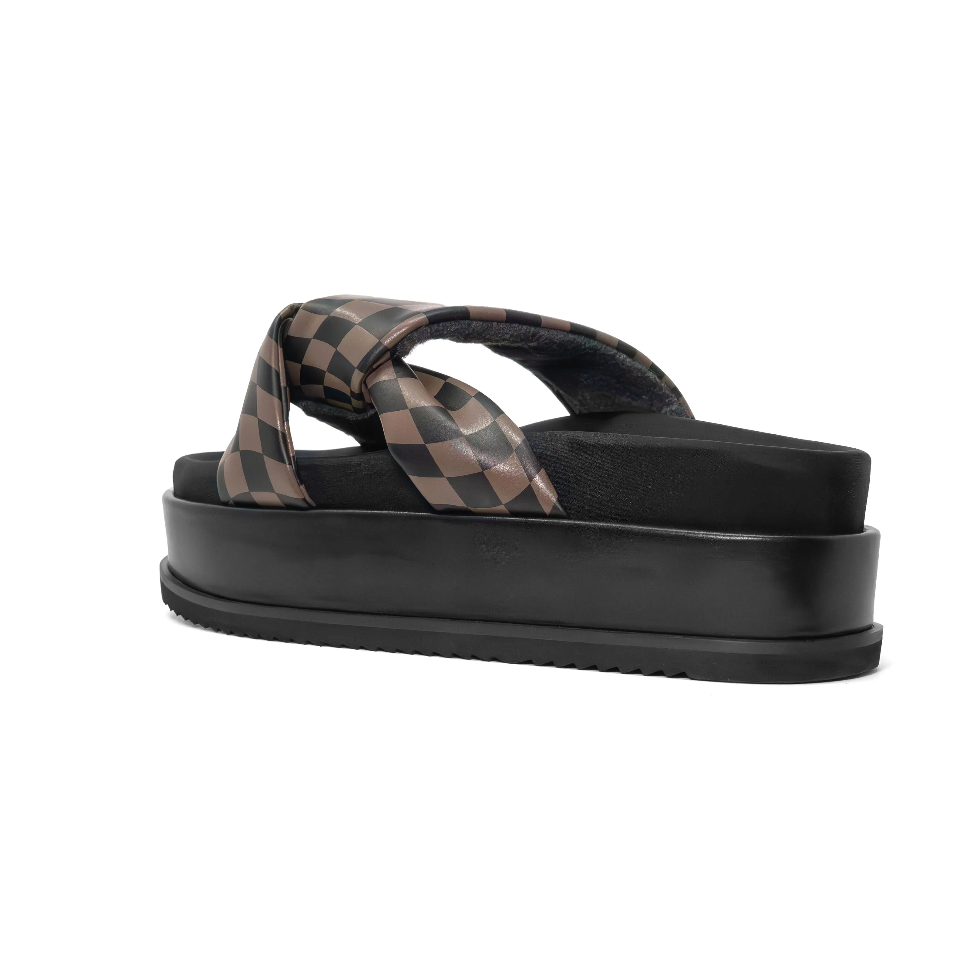 ROAM WAVY CHECK SIDE SLIP STACK PLATFORM BLACK & TAUPE VEGAN LEATHER