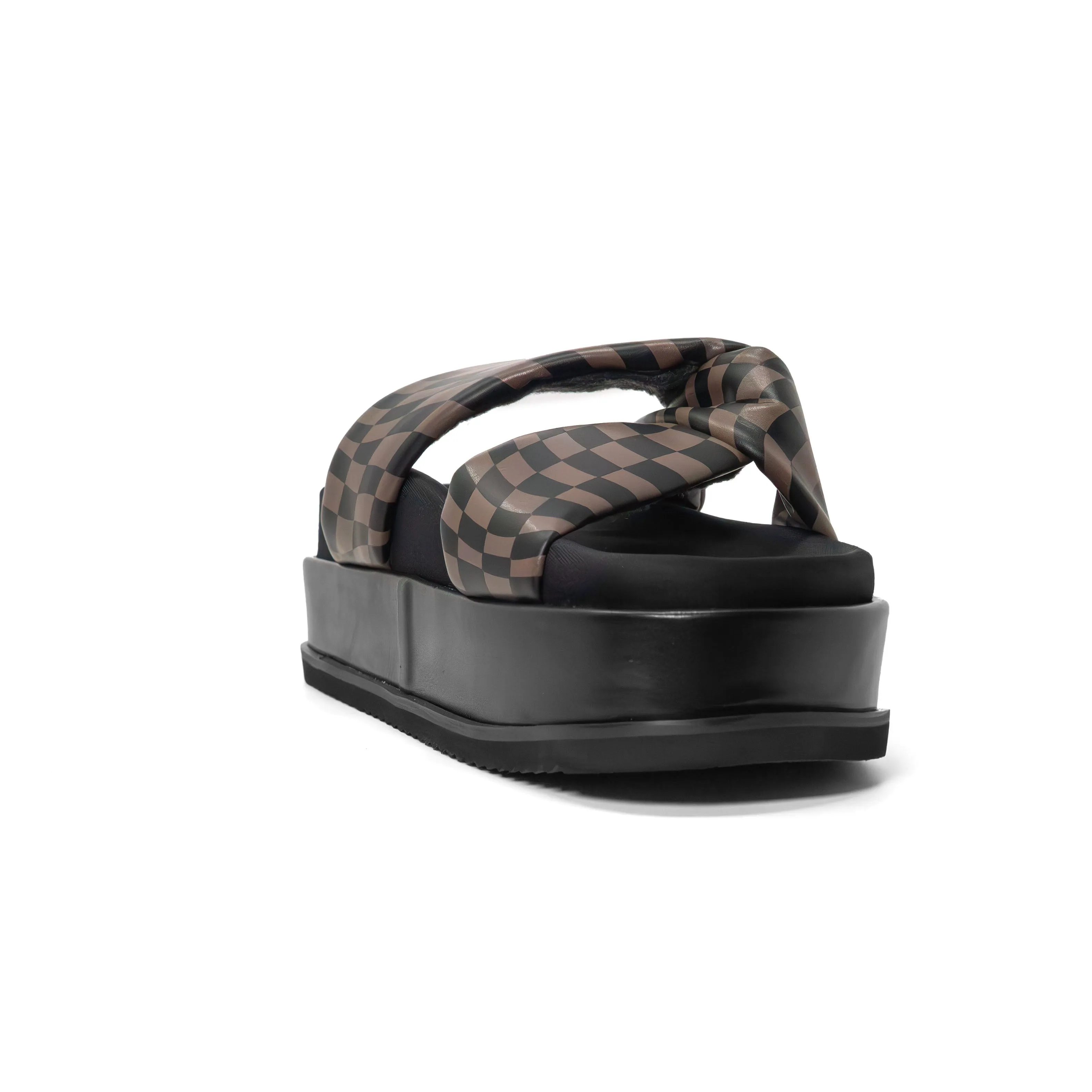ROAM WAVY CHECK SIDE SLIP STACK PLATFORM BLACK & TAUPE VEGAN LEATHER