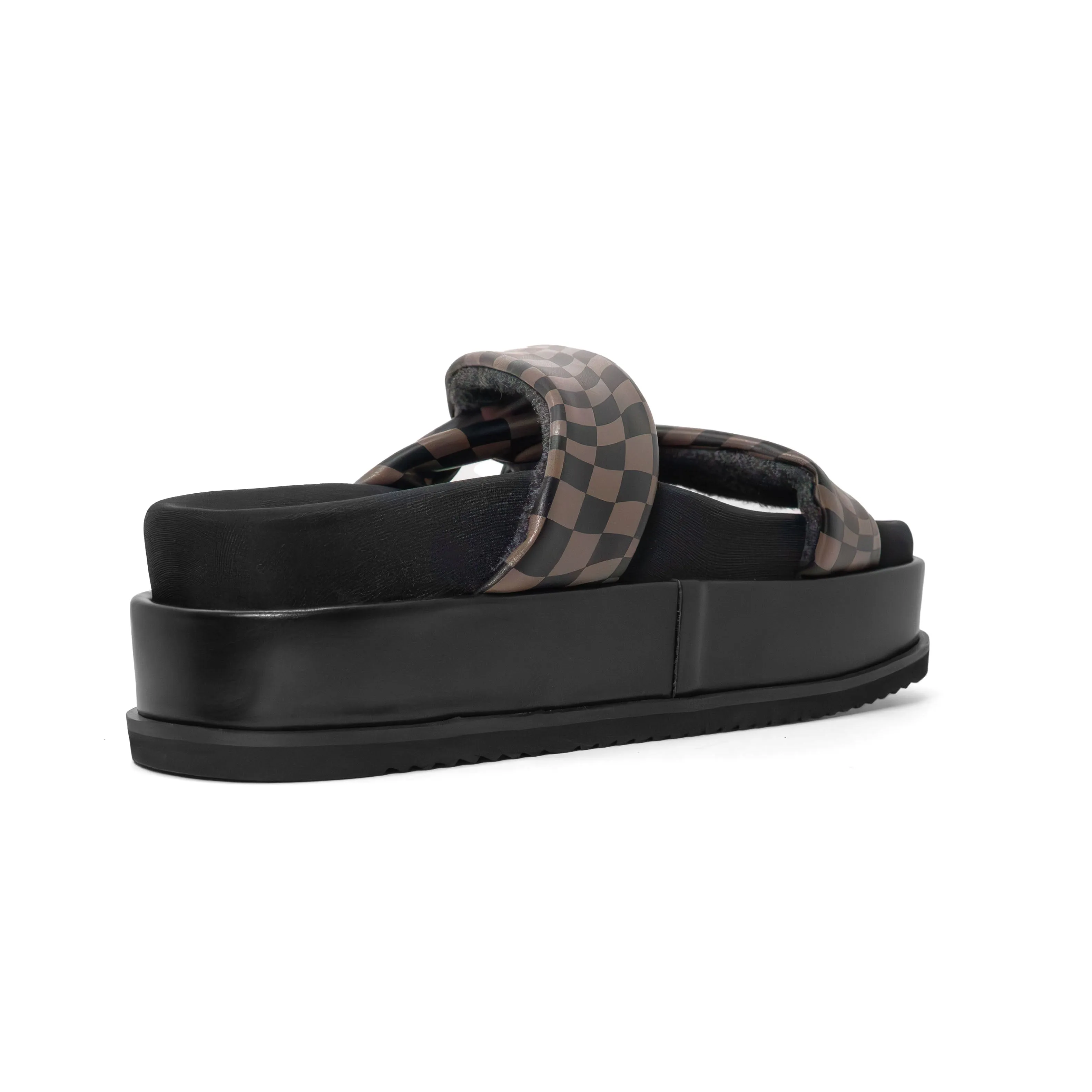 ROAM WAVY CHECK SIDE SLIP STACK PLATFORM BLACK & TAUPE VEGAN LEATHER