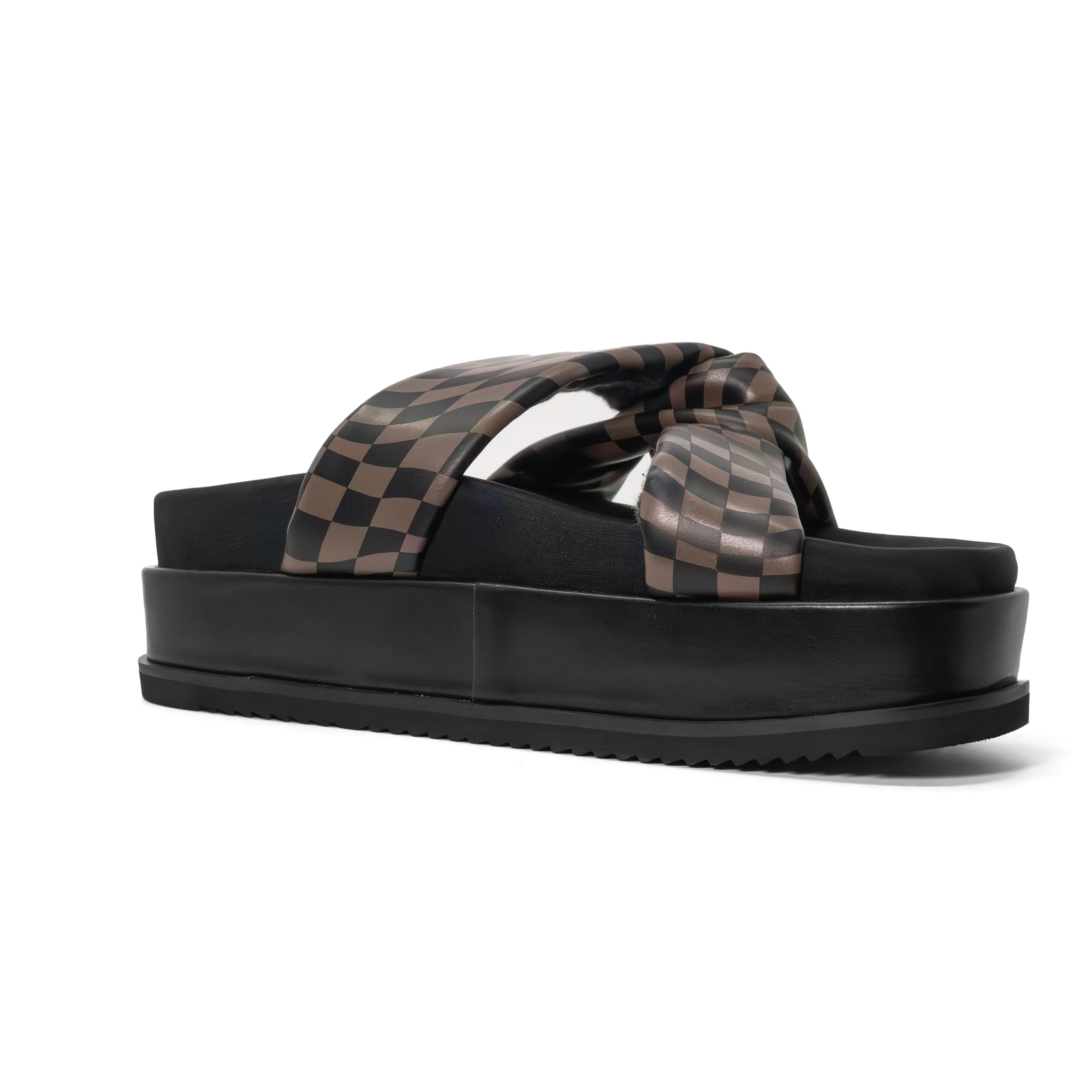 ROAM WAVY CHECK SIDE SLIP STACK PLATFORM BLACK & TAUPE VEGAN LEATHER