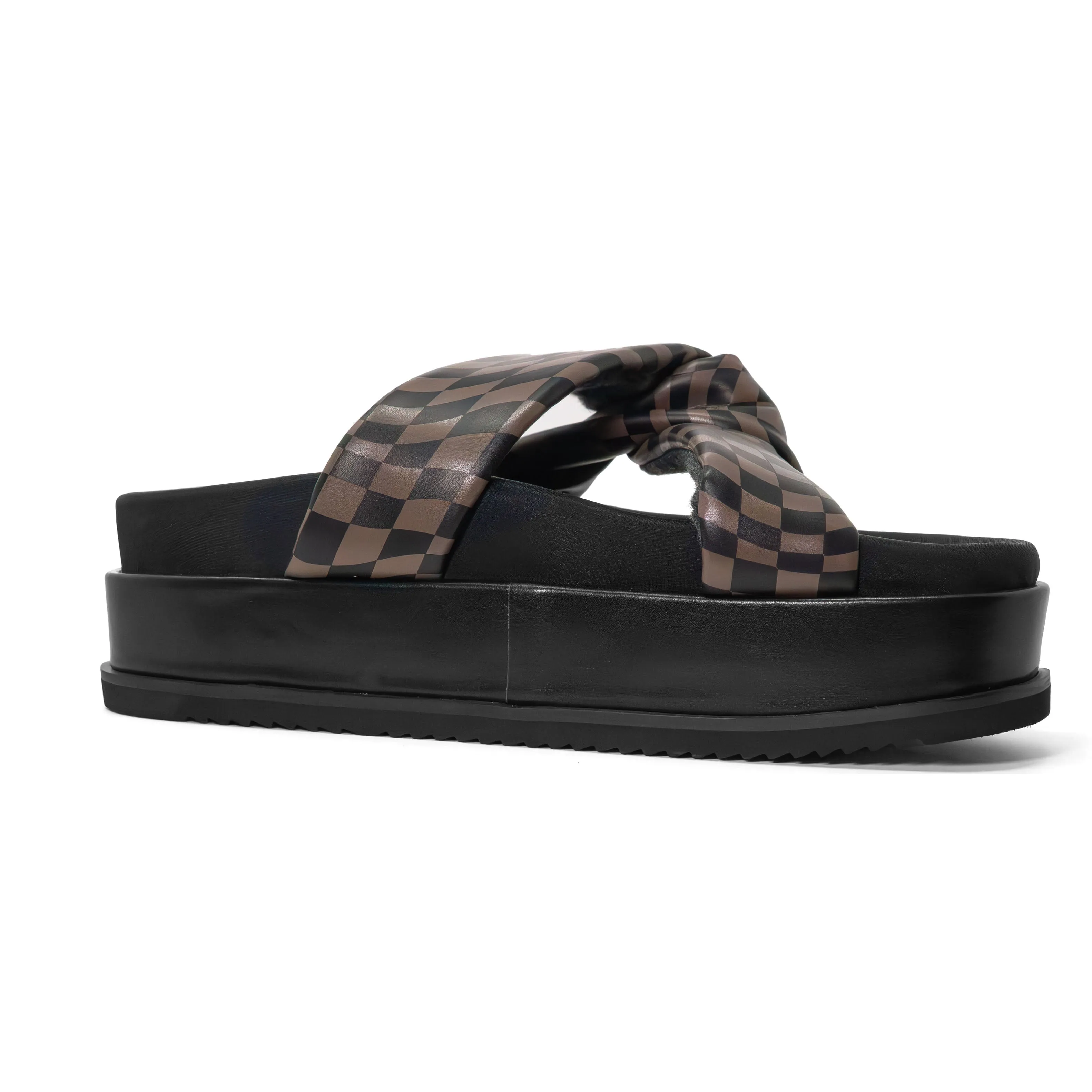 ROAM WAVY CHECK SIDE SLIP STACK PLATFORM BLACK & TAUPE VEGAN LEATHER