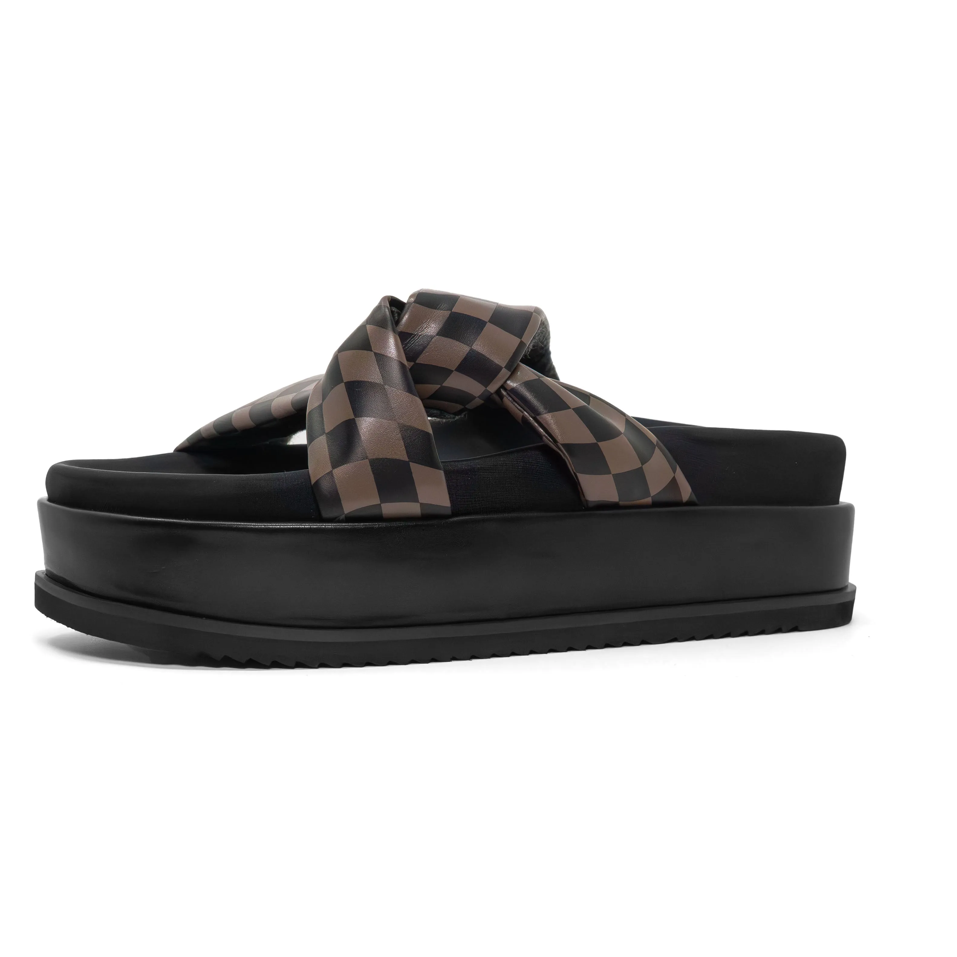 ROAM WAVY CHECK SIDE SLIP STACK PLATFORM BLACK & TAUPE VEGAN LEATHER