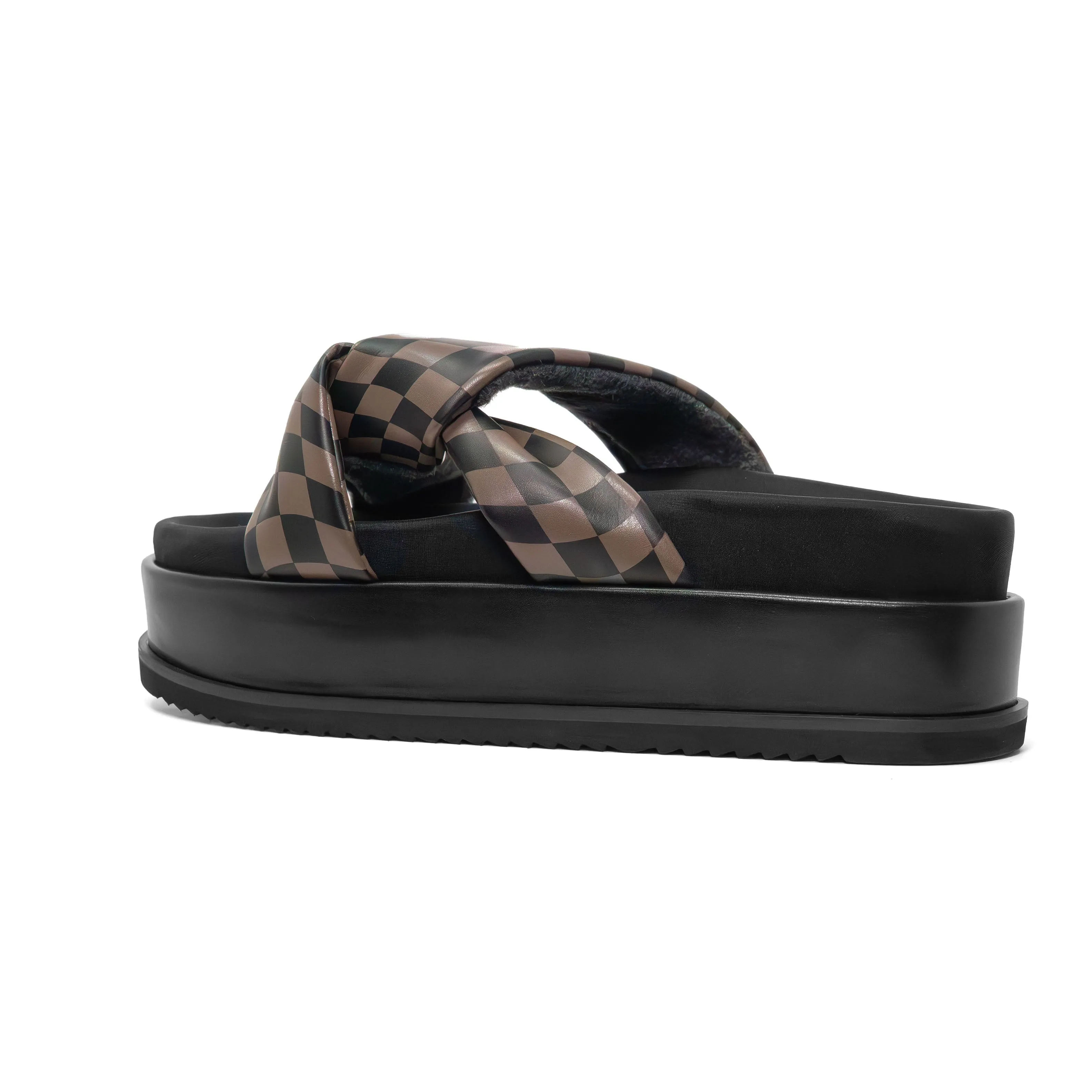 ROAM WAVY CHECK SIDE SLIP STACK PLATFORM BLACK & TAUPE VEGAN LEATHER