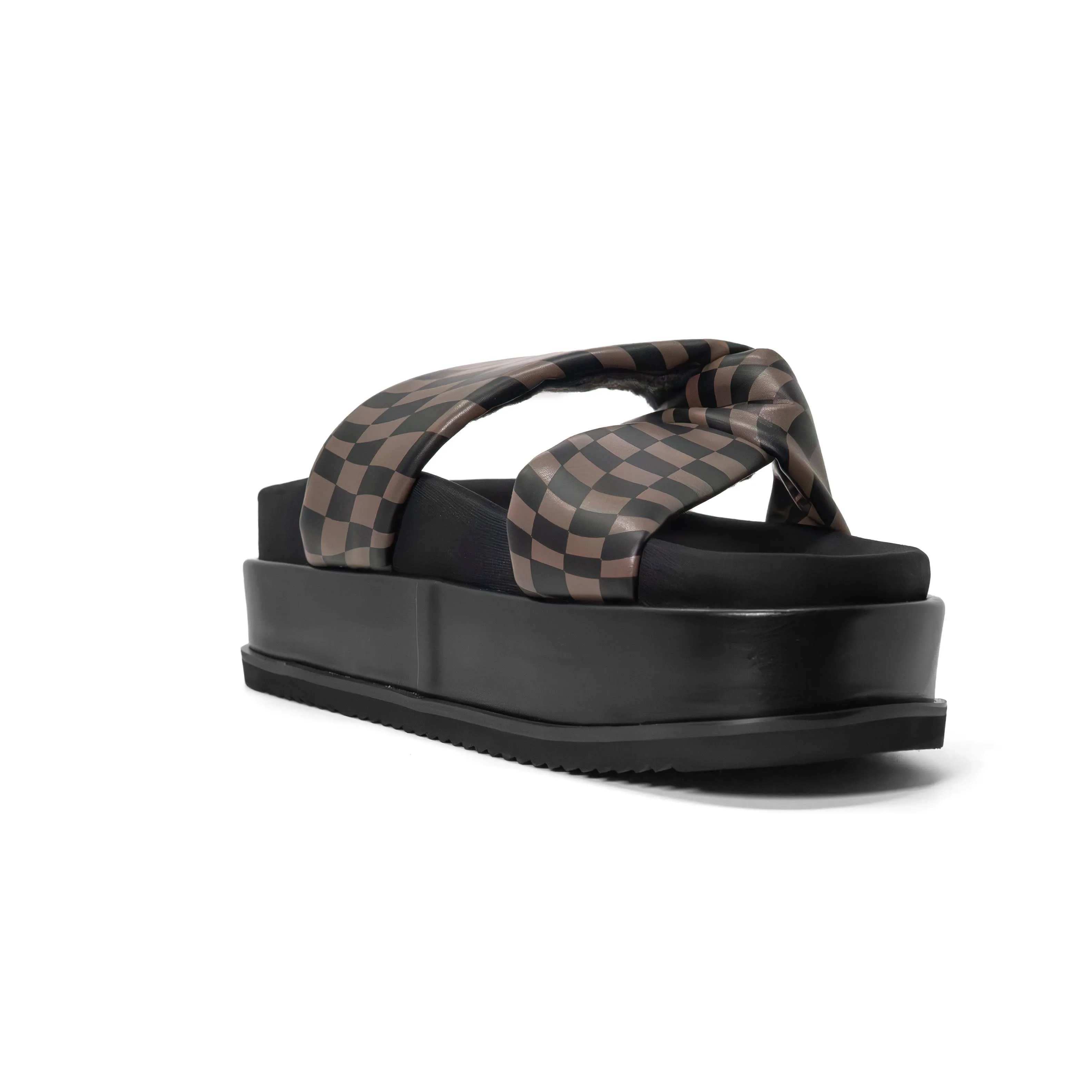 ROAM WAVY CHECK SIDE SLIP STACK PLATFORM BLACK & TAUPE VEGAN LEATHER