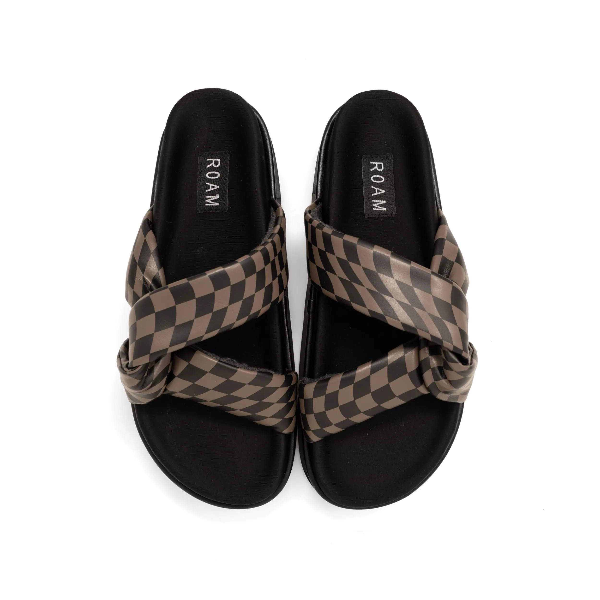 ROAM WAVY CHECK SIDE SLIP STACK PLATFORM BLACK & TAUPE VEGAN LEATHER