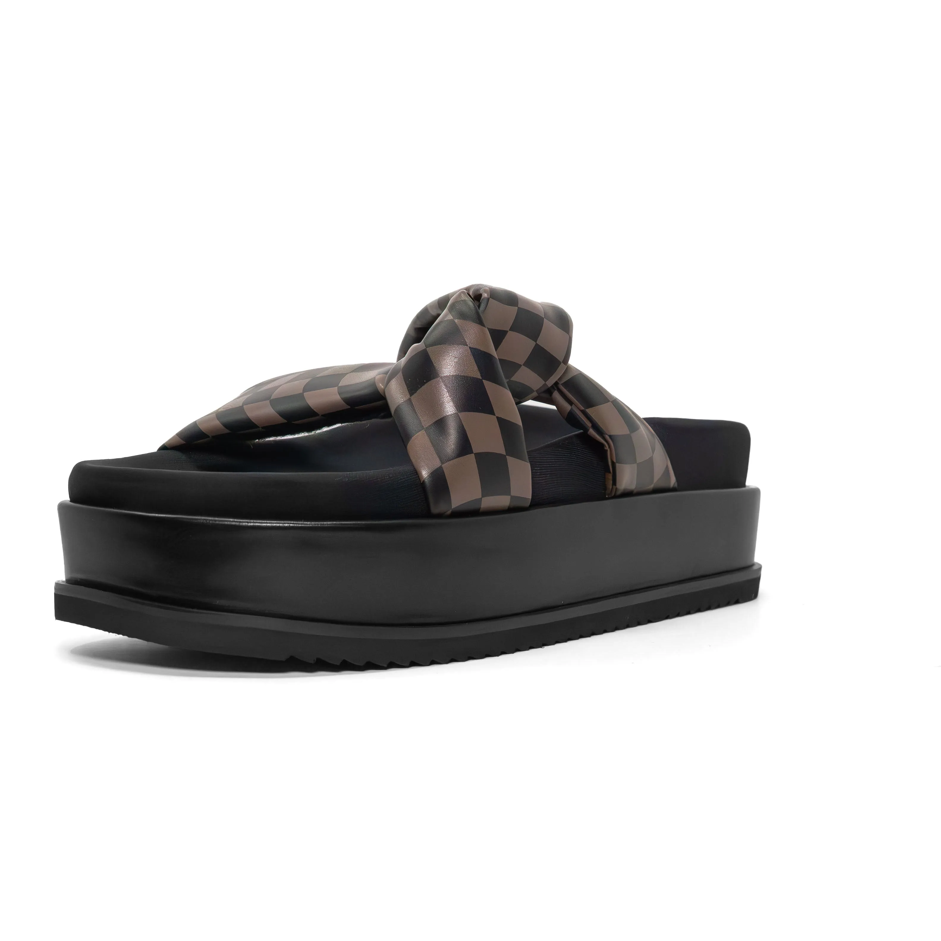 ROAM WAVY CHECK SIDE SLIP STACK PLATFORM BLACK & TAUPE VEGAN LEATHER