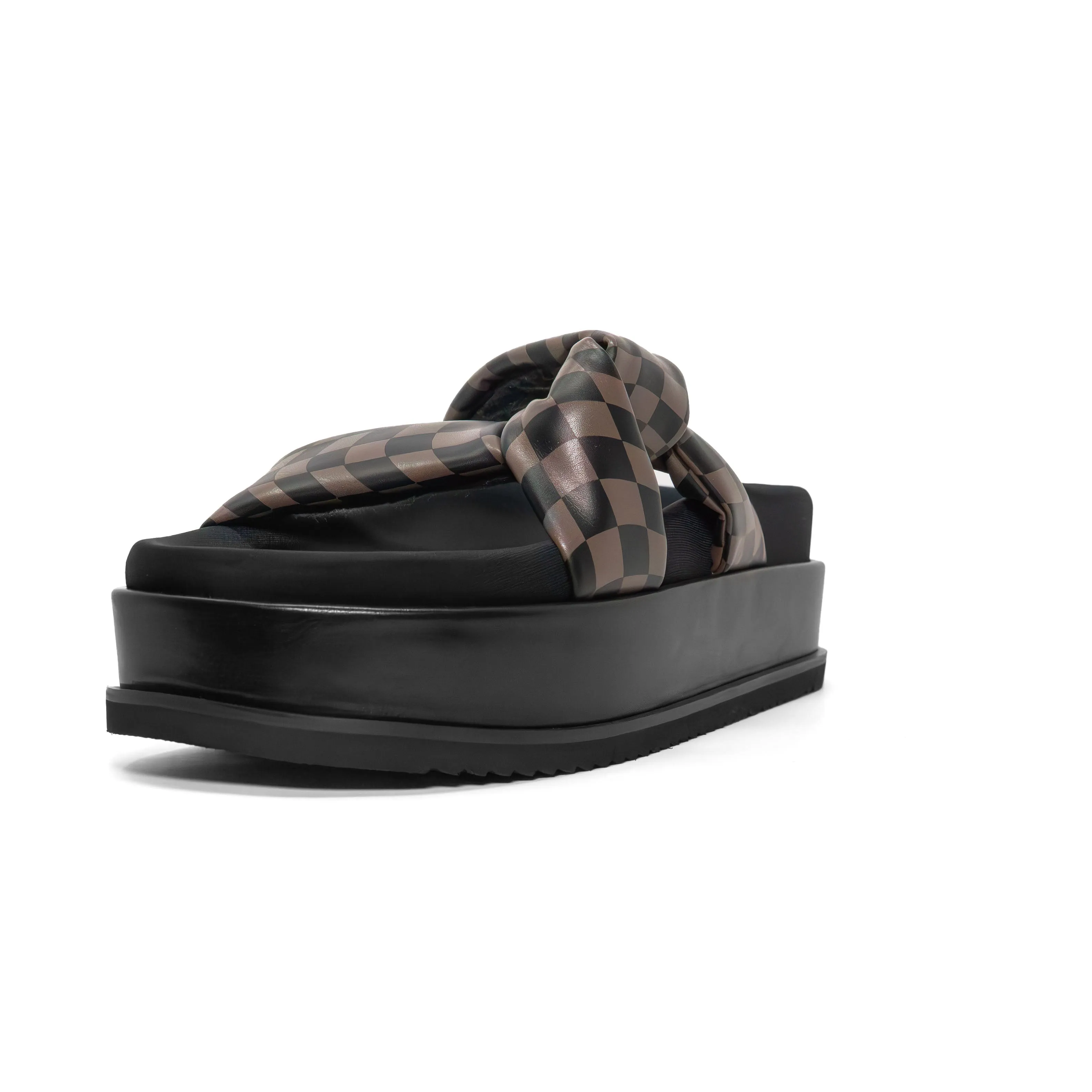 ROAM WAVY CHECK SIDE SLIP STACK PLATFORM BLACK & TAUPE VEGAN LEATHER