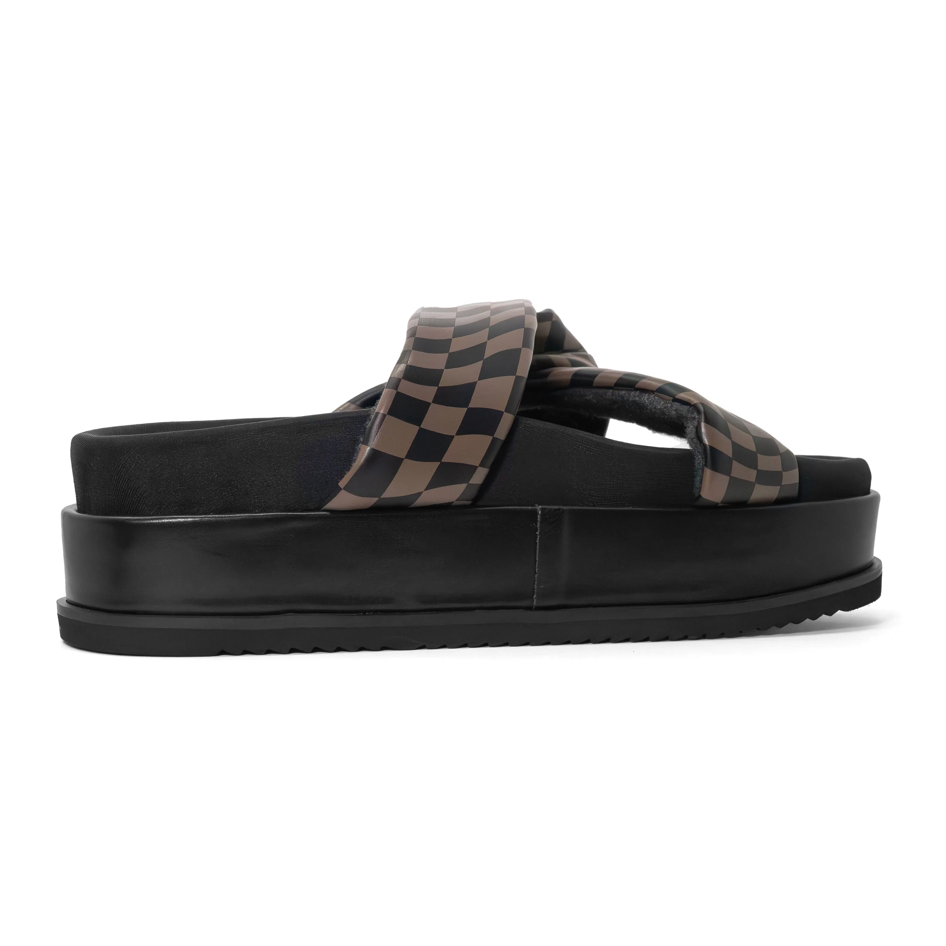 ROAM WAVY CHECK SIDE SLIP STACK PLATFORM BLACK & TAUPE VEGAN LEATHER
