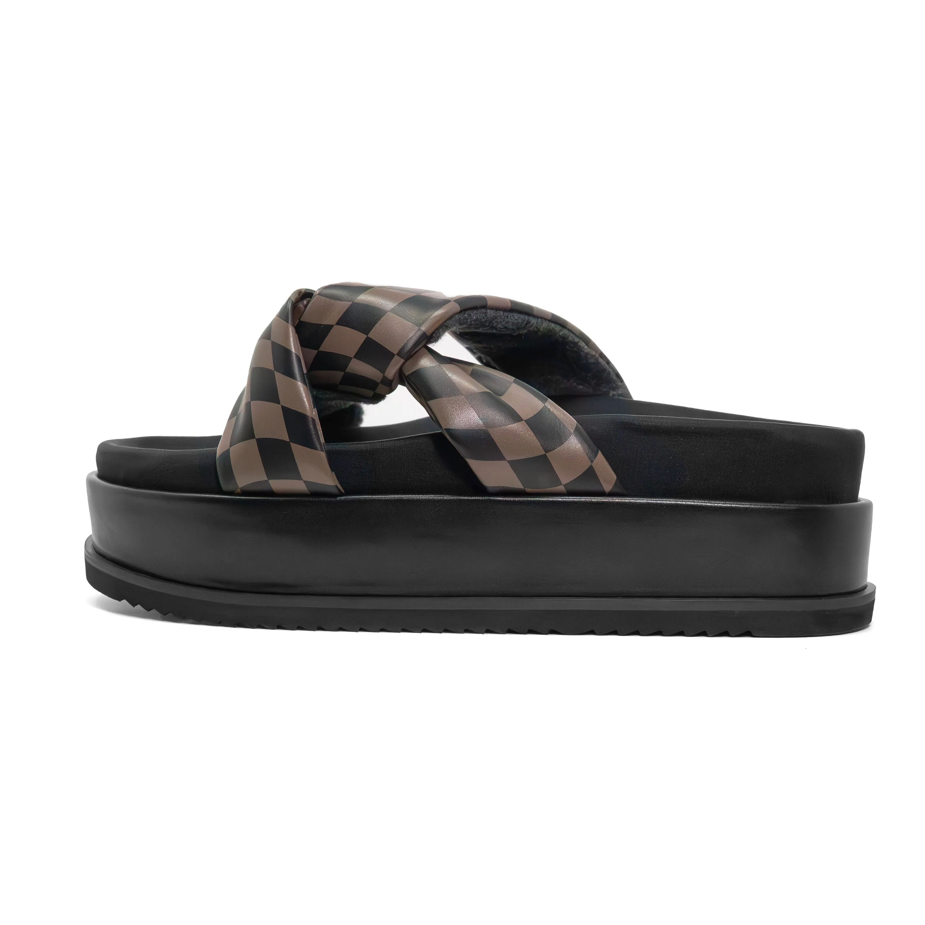 ROAM WAVY CHECK SIDE SLIP STACK PLATFORM BLACK & TAUPE VEGAN LEATHER