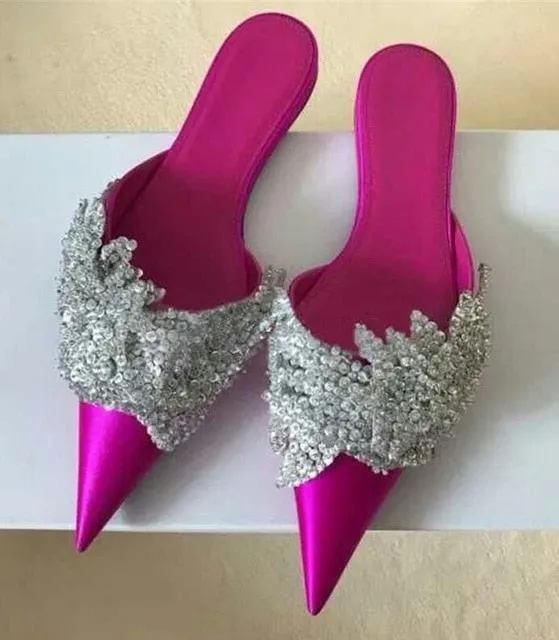 Runway satin Summer Slippers women Luxury Design bling bling crysatal Pointed Toe beach Shoes rhinestone unicornio mules ladies