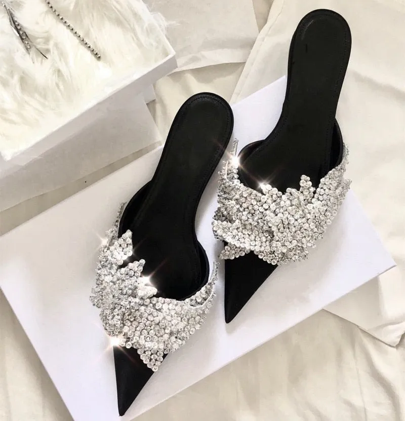 Runway satin Summer Slippers women Luxury Design bling bling crysatal Pointed Toe beach Shoes rhinestone unicornio mules ladies