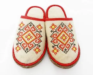 Sauna Banya Slippers Ukrainian Ornament Red for Woman Wool Felt