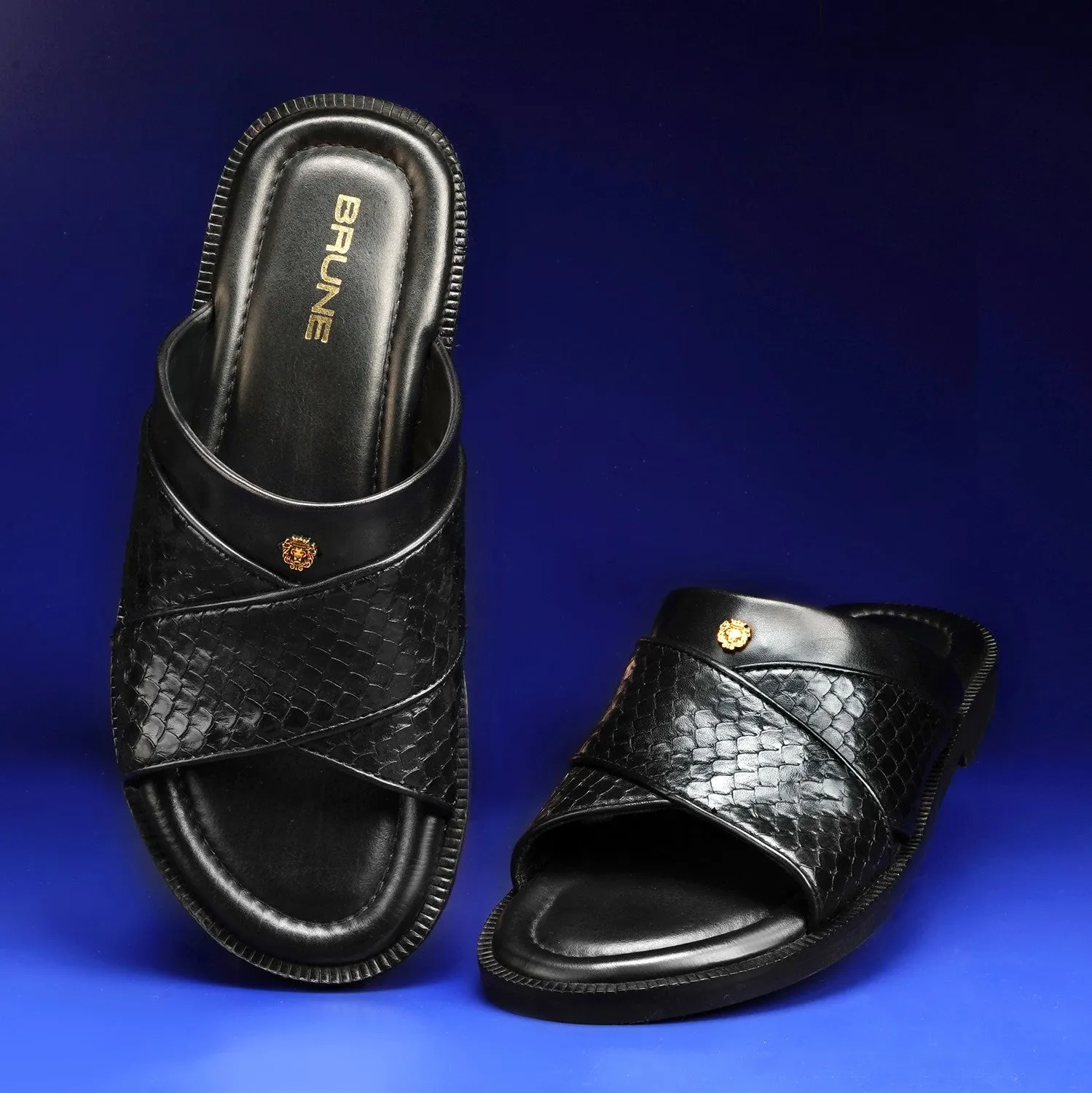 Slide In Slippers With Snake Scales Textured Leather Crossover Straps