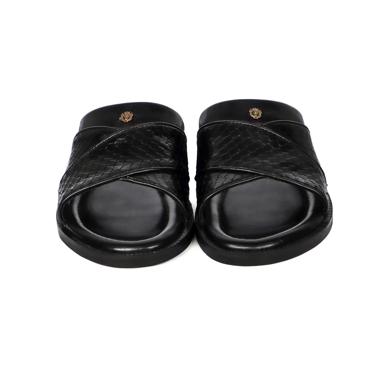 Slide In Slippers With Snake Scales Textured Leather Crossover Straps