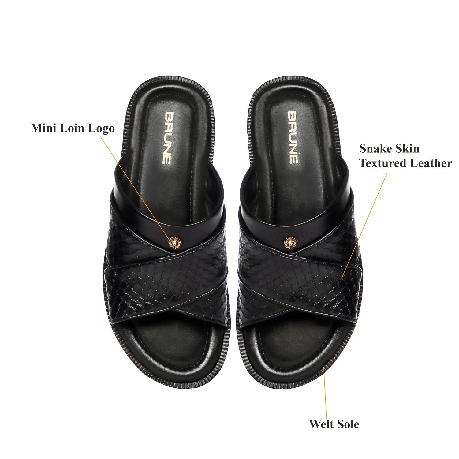 Slide In Slippers With Snake Scales Textured Leather Crossover Straps