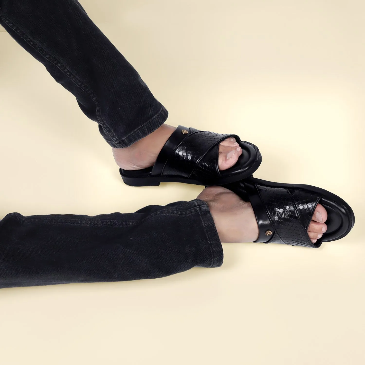 Slide In Slippers With Snake Scales Textured Leather Crossover Straps