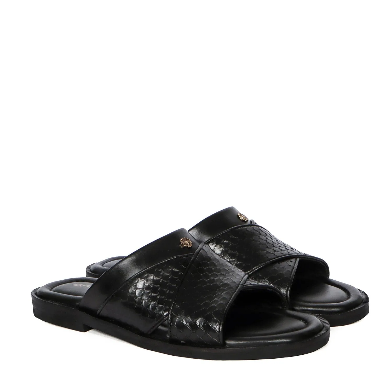 Slide In Slippers With Snake Scales Textured Leather Crossover Straps