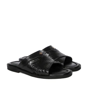 Slide In Slippers With Snake Scales Textured Leather Crossover Straps