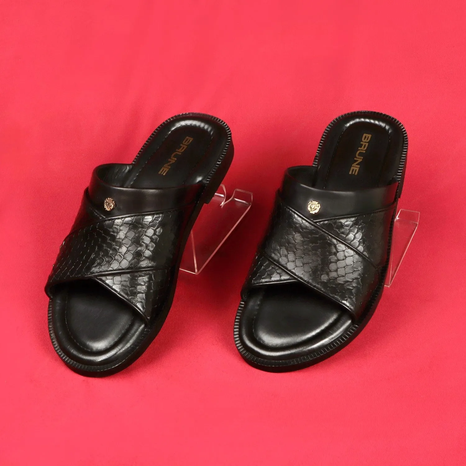 Slide In Slippers With Snake Scales Textured Leather Crossover Straps