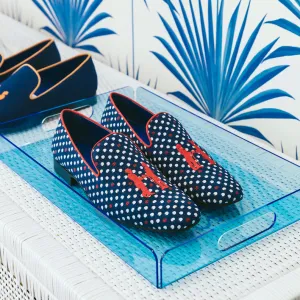 Slipper in Navy Seersucker with Red Logo