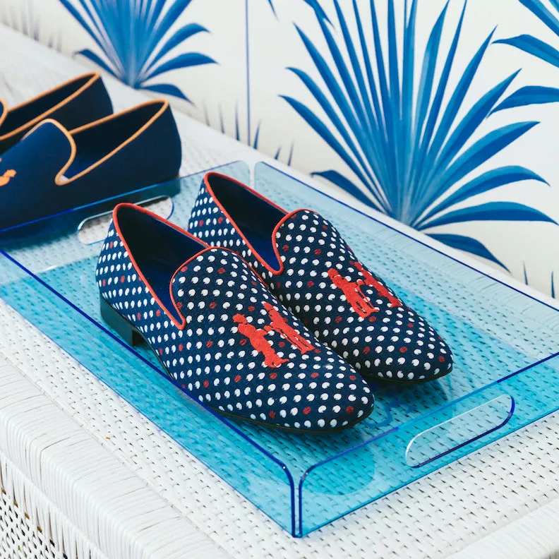 Slipper in Navy Seersucker with Red Logo
