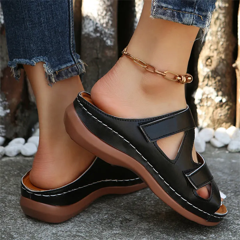 Summer Hollow Out Velcro Wedge Heel Casual Slippers for Women