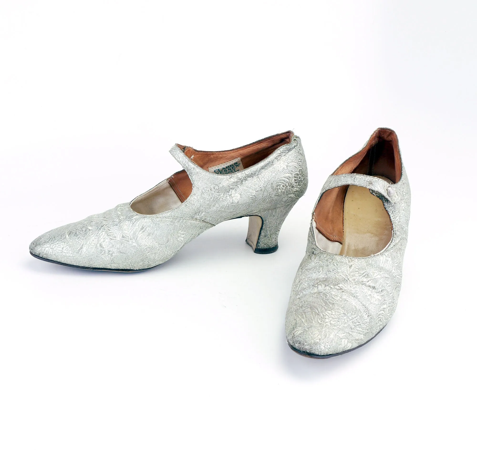 Superb 1920s Silver Brocade Bar Shoes by Clarks UK 6