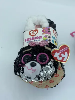 TY BEANIE BOO'S Medium Kiki Kitty Cat Black Fashion Slipper Socks Sequin Plush
