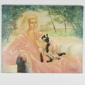 Untitled (Woman in Pink w/ Cat) By Anthony Sidoni 1987 Signed Oil on Canvas