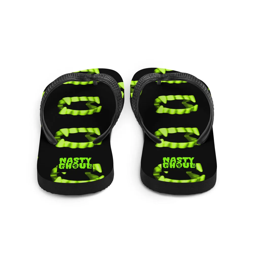 Vampire Teeth Fang Flip-Flops All Over Print / Black & Neon Green
