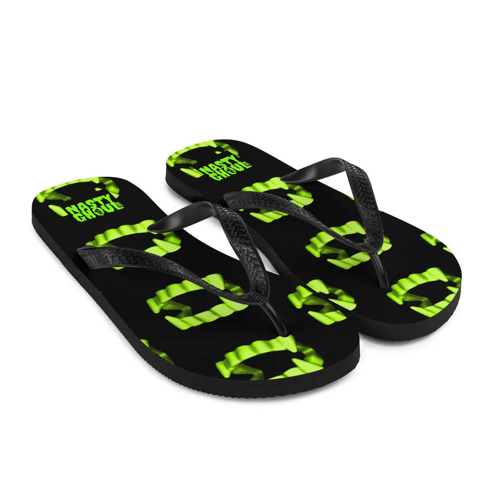 Vampire Teeth Fang Flip-Flops All Over Print / Black & Neon Green