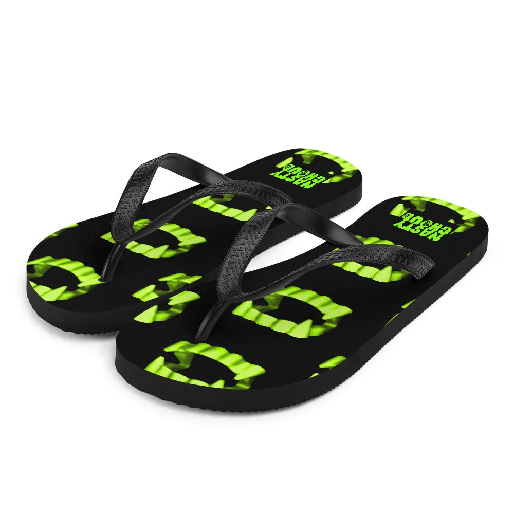 Vampire Teeth Fang Flip-Flops All Over Print / Black & Neon Green