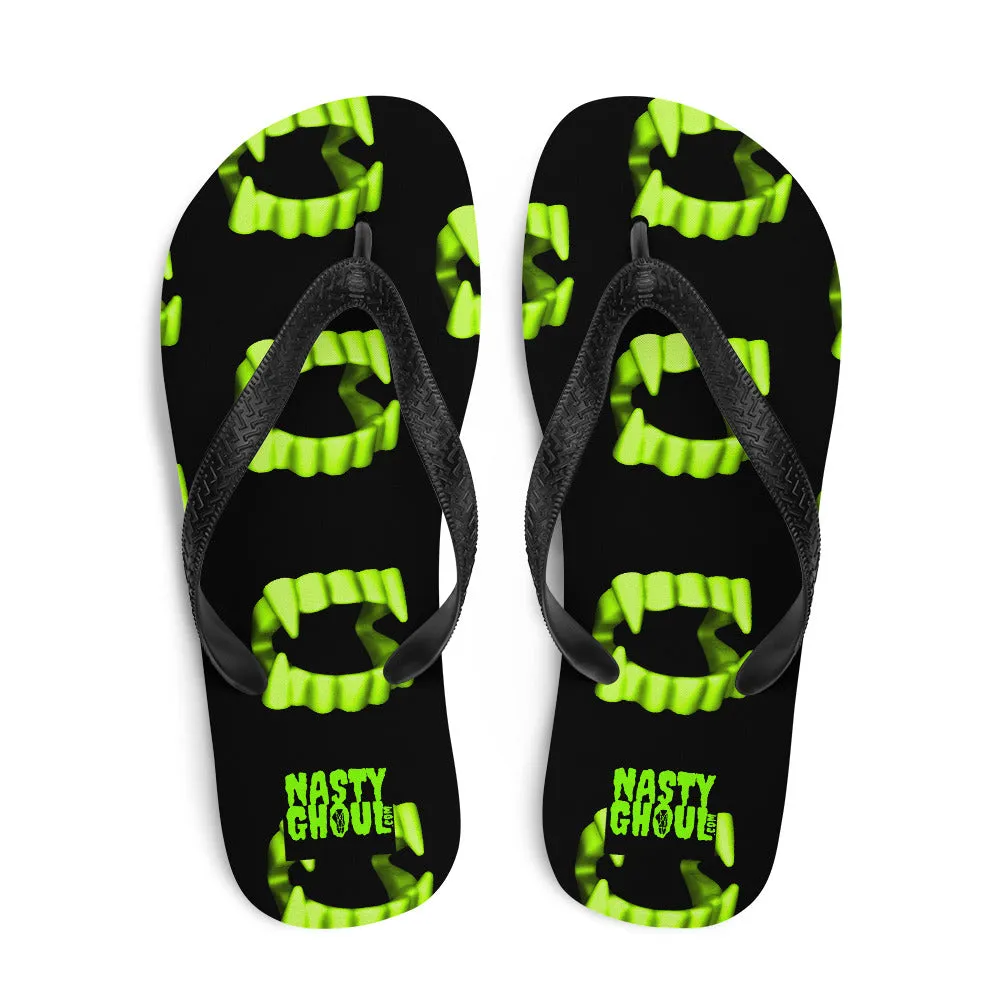 Vampire Teeth Fang Flip-Flops All Over Print / Black & Neon Green