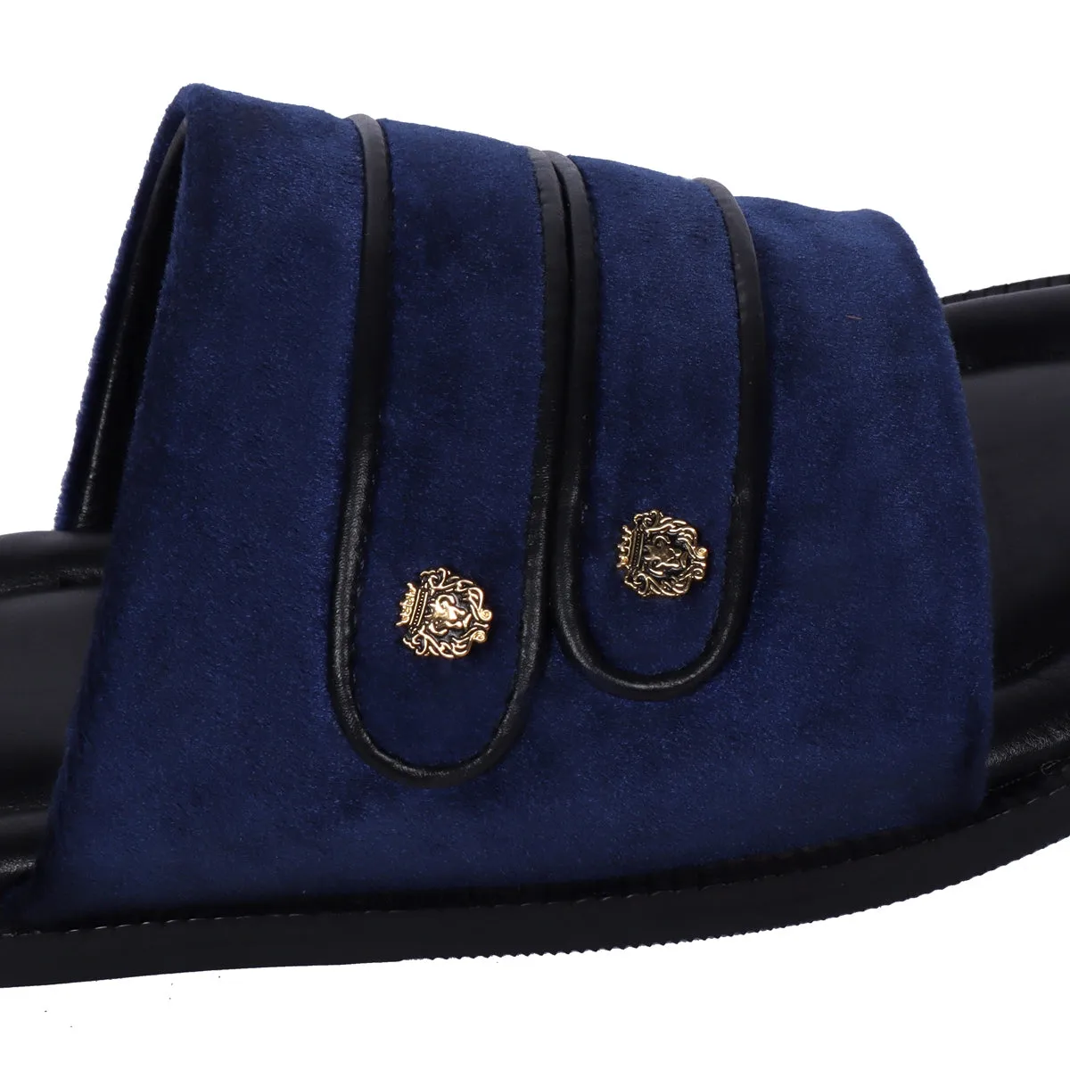 Welt Slide in Slippers with Blue Italian Velvet Two Strapped